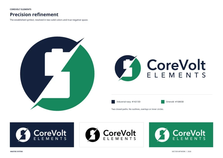Cover of the CoreVolt Elements brand guide showing the full-color logo