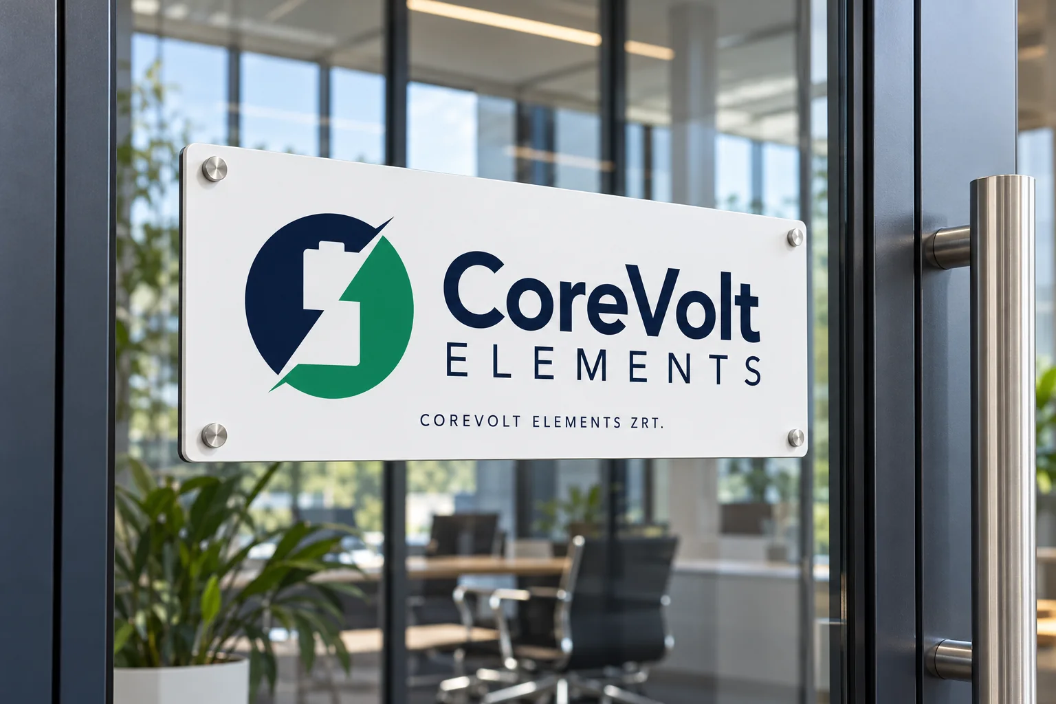 CoreVolt Elements sign mounted in a modern office