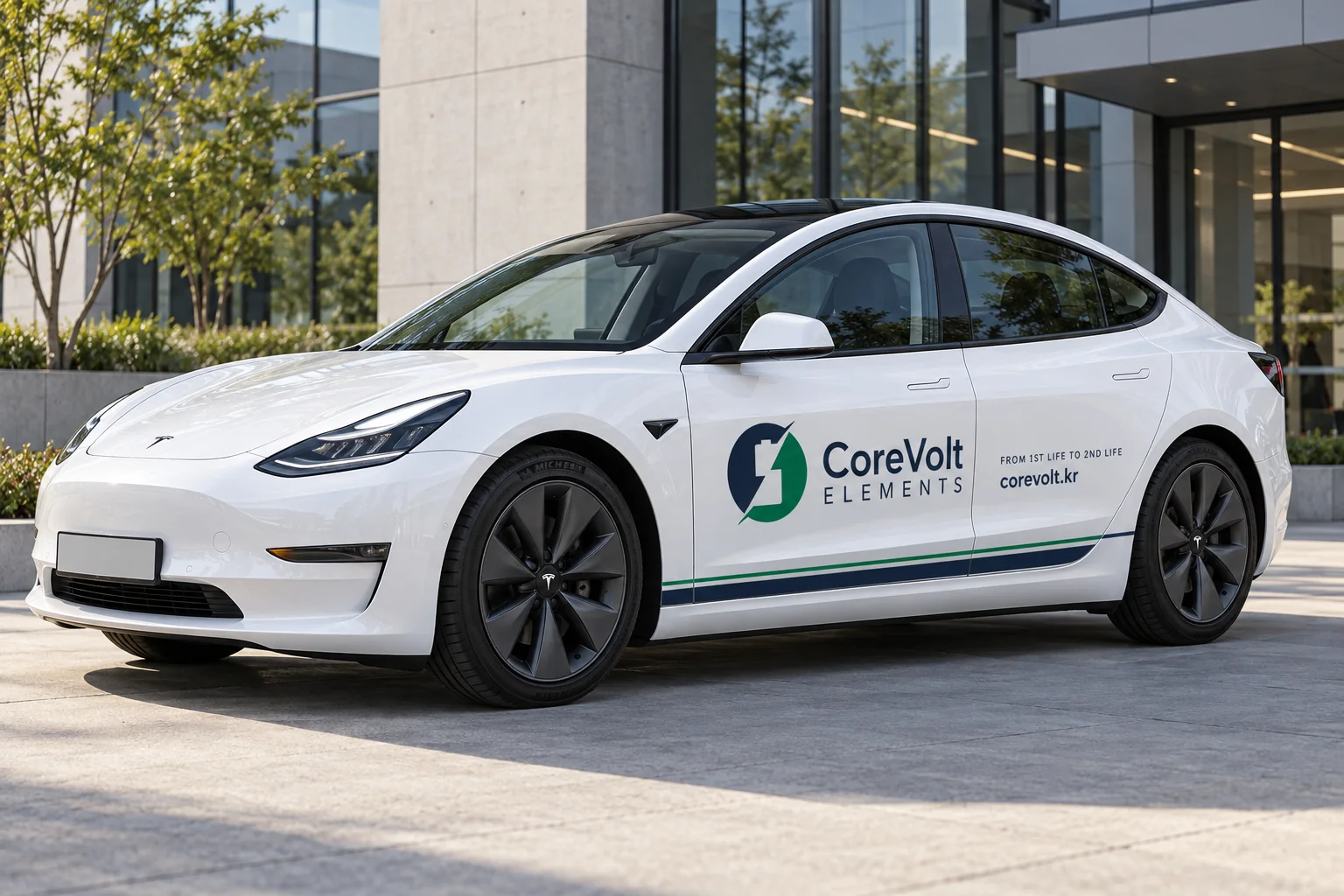 White CoreVolt Elements electric car with branded doors