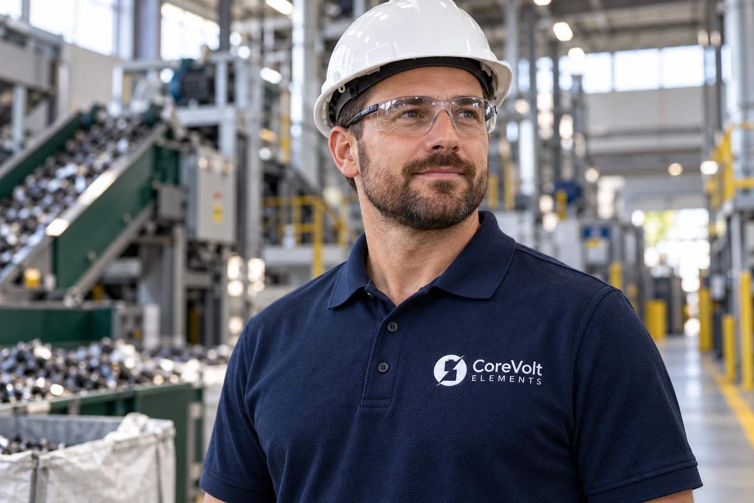Worker wearing a navy CoreVolt Elements polo in a battery recycling facility